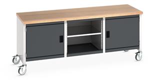 Bott Cubio Mobile Storage Workbench 2000mm wide x 750mm Deep x 840mm high supplied with a Multiplex (layered beech ply) worktop, 2 x integral storage cupboards (650mm wide x 650mm deep x 500mm high) and 1 x mid section with full depth adjustable... 2000mm Wide Storage Benches